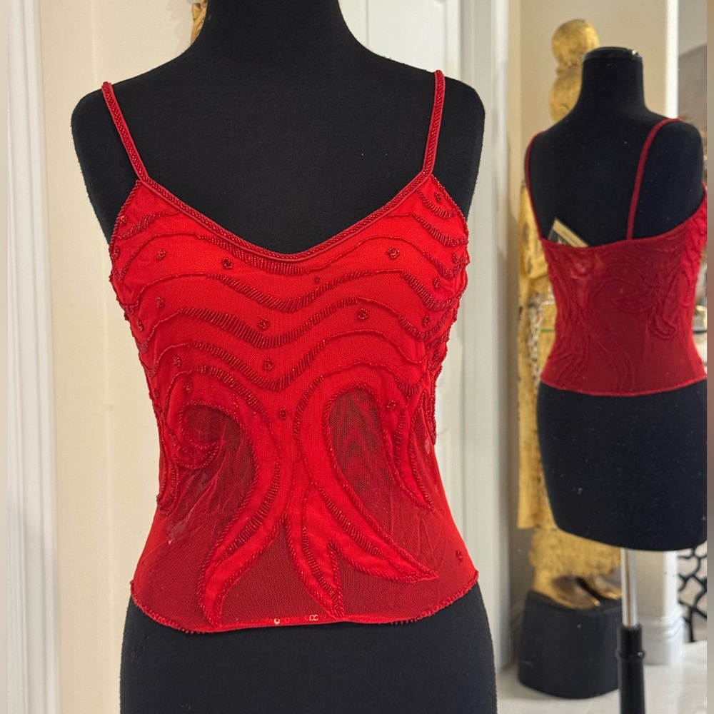 Red hand beaded Attitudes‎ by Debra Spaghetti Strap Top